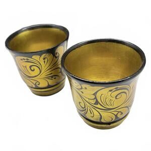 A pair of vintage Russian Khokhloma hand-painted wooden lacquer cups.